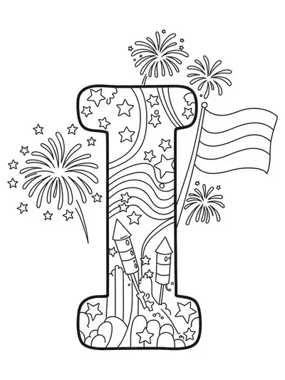 Large letter I decorated with fireworks, stars, and a waving flag.