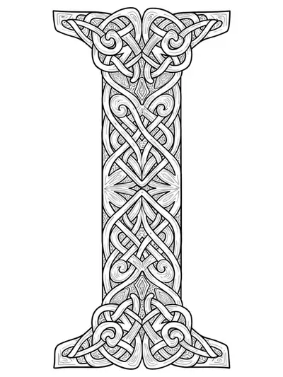 Intricate Celtic knot design forming and surrounding the letter I, filled with interwoven lines.