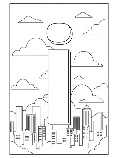 Large letter I incorporated into a simple city skyline with clouds, easy coloring areas.