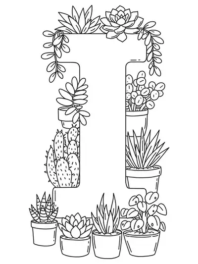 Easy coloring page with letter I and potted plants in a chic, urban style, simple outlines.