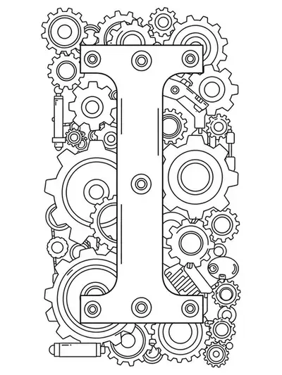 Easy industrial-themed letter I coloring page with cogs and gears, simple outlines for adults.