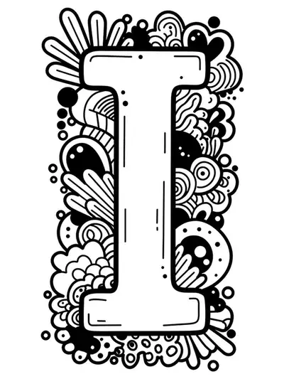 Letter I with whimsical ink doodles around it, simple and easy outlines for coloring.