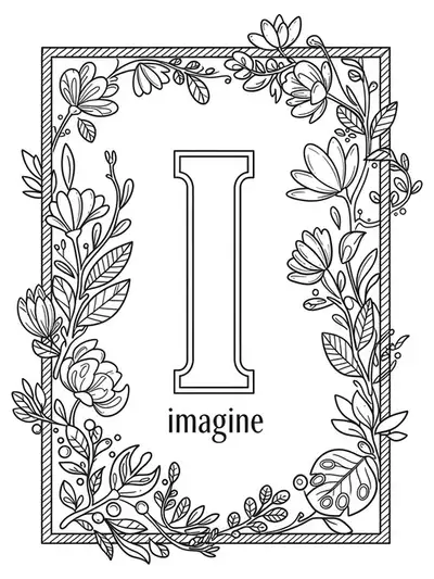 Letter I coloring page with a motivational word below and simple border design for easy coloring.