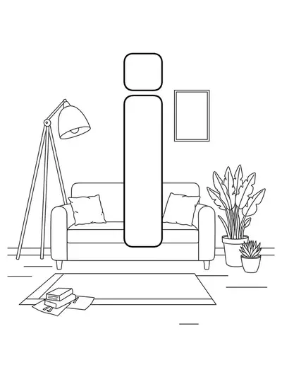 Simple letter I coloring page with modern living room elements and decorative plants.
