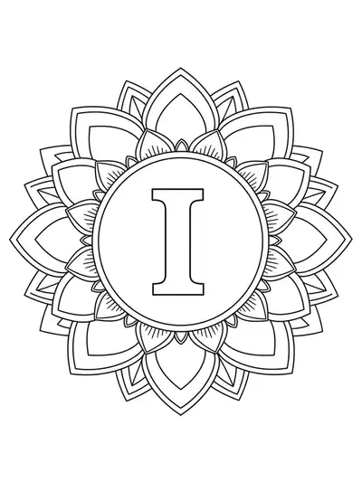 Letter I in the center of a simple mandala frame with large petals, easy coloring areas.