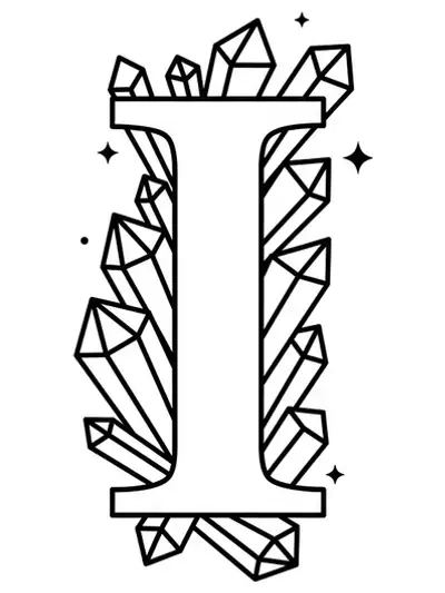 Easy coloring page with letter I surrounded by geometric crystal shapes, simple outlines.