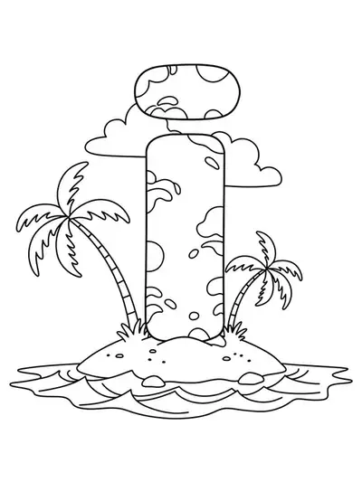 Easy island-themed letter I coloring page with palm trees, waves, and sand around the letter.