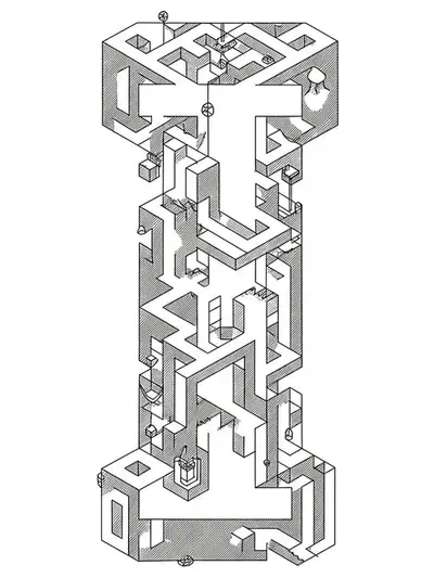 Intricate Escher-like impossible structures and staircases forming the letter I.