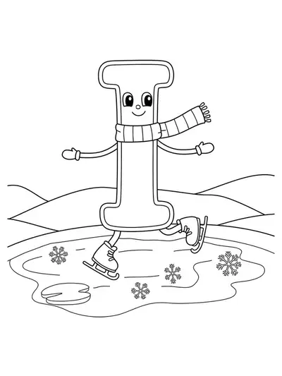 Large letter I wearing a scarf, ice skating on a pond with snowflakes.