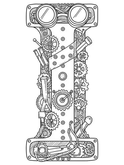 Letter I adorned with steampunk gears, goggles, and vintage machinery, medium detail coloring page.