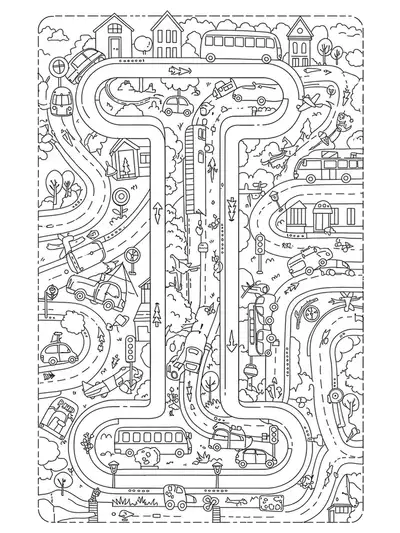 Letter I among cars, buses, and airplanes with traffic signs and complex patterns, hard for preschoolers.