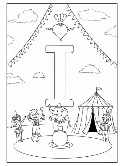 Circus-themed coloring page featuring letter I with performers, circus animals, and tent for elementary students.