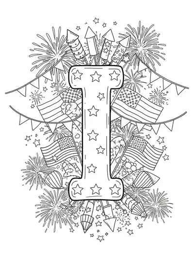 Letter I decorated with fireworks, flags, stars, and banners for Independence Day, hard for preschoolers.