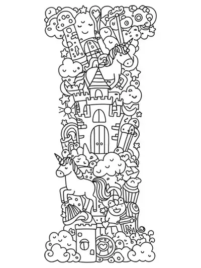 Letter I surrounded by castles, unicorns, clouds, and stars in a fantasy land, hard for preschool coloring.