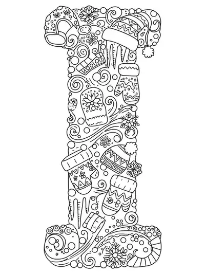 Letter I with snowflakes, icicles, mittens, and winter patterns, hard coloring challenge for preschoolers.