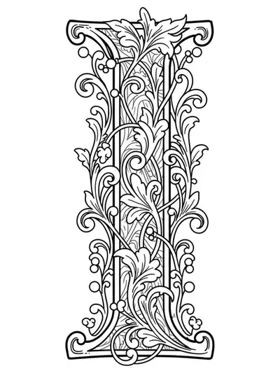 Letter I in illuminated manuscript style with scrollwork, vines, and medieval embellishments for adults.