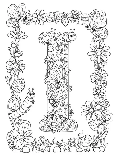 Line art coloring page of letter I in a garden with insects like butterflies and ladybugs, for elementary students.