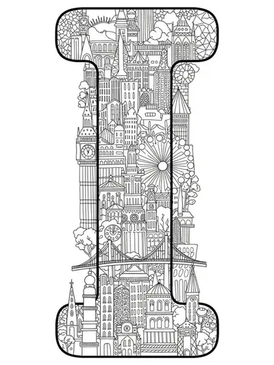 Medium-detailed city skyline with the letter I integrated into international cityscape elements.