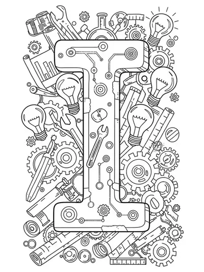 Letter I surrounded by detailed gears, blueprints, tools, and light bulbs for coloring in an inventor theme.