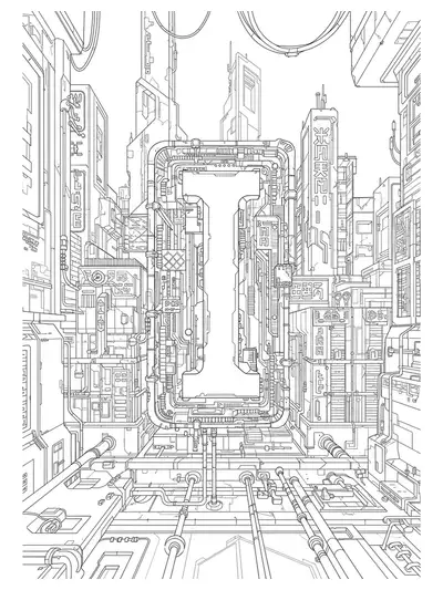 Letter I amidst a detailed cyberpunk cityscape with circuit lines and futuristic elements.