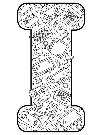 Letter I decorated with pixel art, gaming controllers, and indie video game icons, medium detailed coloring page.