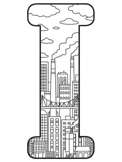 Letter I with industrial buildings, bridges, and smokestacks in the background, medium detail coloring page.