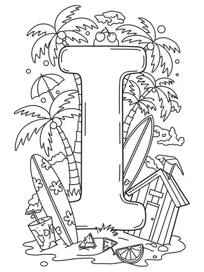 Letter I surrounded by palm trees, surfboards, and tropical island elements, medium detail coloring page.
