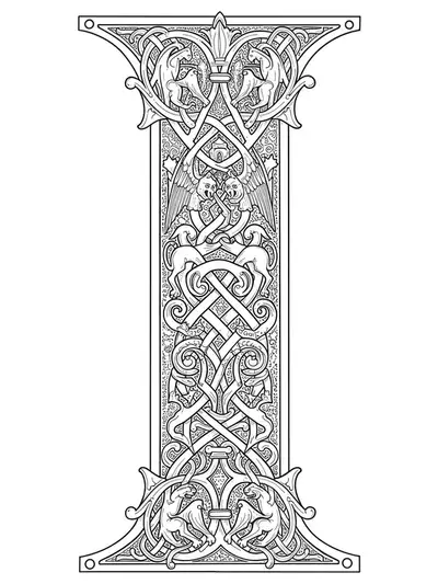 Letter I decorated in medieval manuscript style with mythical beasts, knotwork, and elaborate borders.
