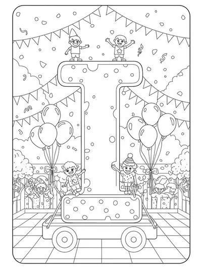 Large letter I in a parade scene with balloons, confetti, and banners.