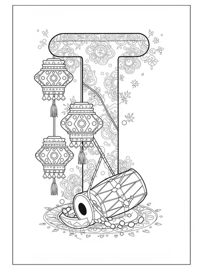 Letter I with Indian festival lanterns and a drum, easy holiday coloring page