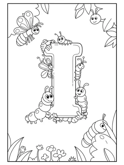 Large letter I with friendly insects and caterpillars, easy coloring page for kids