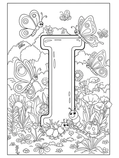 Large letter I with garden insects like butterflies and ladybugs for coloring.