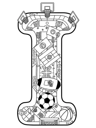 Coloring page with letter I at a sports arena with international flags and various sports equipment for elementary age.