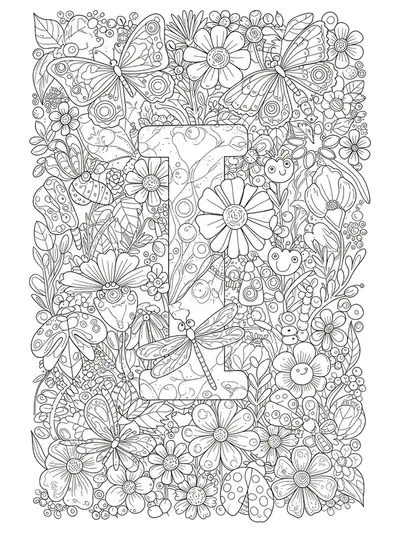 Letter I surrounded by detailed insects, flowers, and leaves in a garden scene, hard preschool coloring.