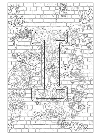 Letter I embedded in a collage of detailed graffiti art, brick textures, and paint splatters.