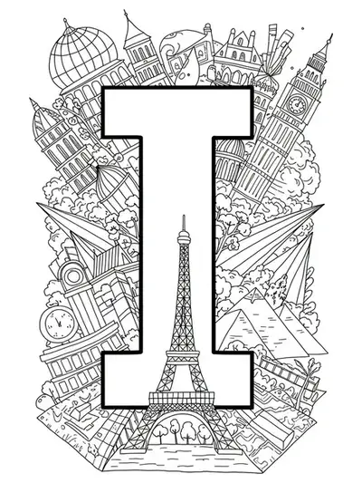 Letter I surrounded by detailed international landmarks like the Eiffel Tower and pyramids for coloring.