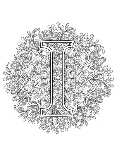 Detailed mandala with botanical motifs surrounding the letter I at the center.