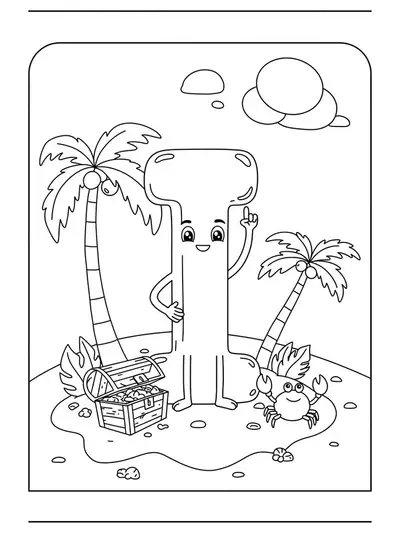 Large letter I standing on an island with palm trees, treasure, and a crab.