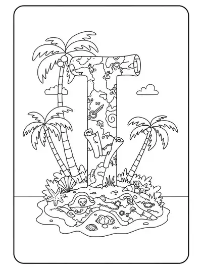 Letter I on a tropical island with palm trees, seashells, and treasure map details, hard for preschoolers.