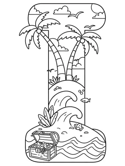 Coloring page of letter I designed as an island with palm trees, treasure chest, and waves, suitable for elementary children.