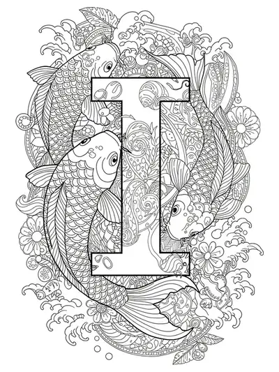 Detailed Japanese-inspired letter I with koi fish, swirling waves, and traditional patterns.