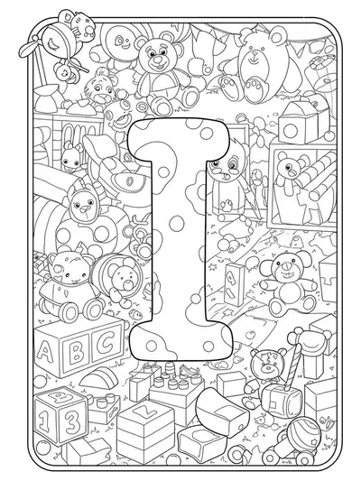 Letter I surrounded by building blocks, toys, puzzle pieces, and playroom patterns, hard for preschoolers.