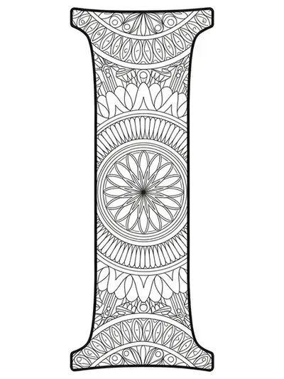 Intricate sacred geometry patterns and mathematical symbols forming and surrounding the letter I.