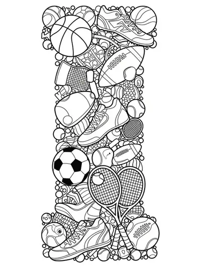 Letter I filled and surrounded by detailed sports equipment like balls, rackets, and shoes for coloring.