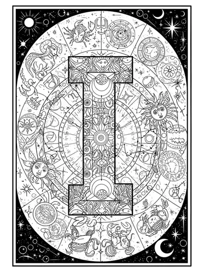 Letter I encircled by detailed zodiac symbols, cosmic orbits, and celestial designs.