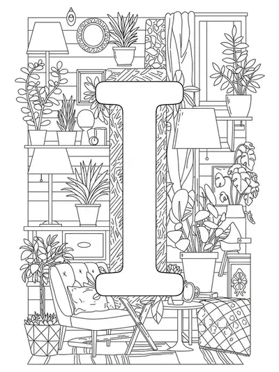 Letter I with interior design elements like furniture, lamps, and plants in a medium-difficulty coloring page.