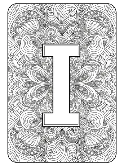 Letter I surrounded by intricate optical illusion patterns and geometric spirals.
