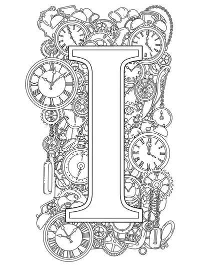 Detailed vintage timepiece and clockwork design with the letter I surrounded by ornate gears and clocks.