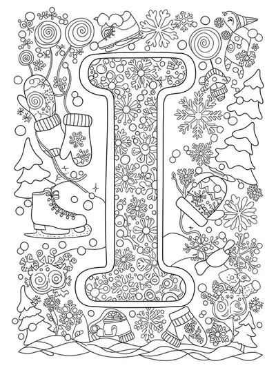 Letter I surrounded by detailed snowflakes, mittens, ice skates, and winter trees for coloring.