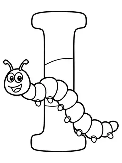Letter I with a friendly inchworm crawling on it, easy animal coloring page